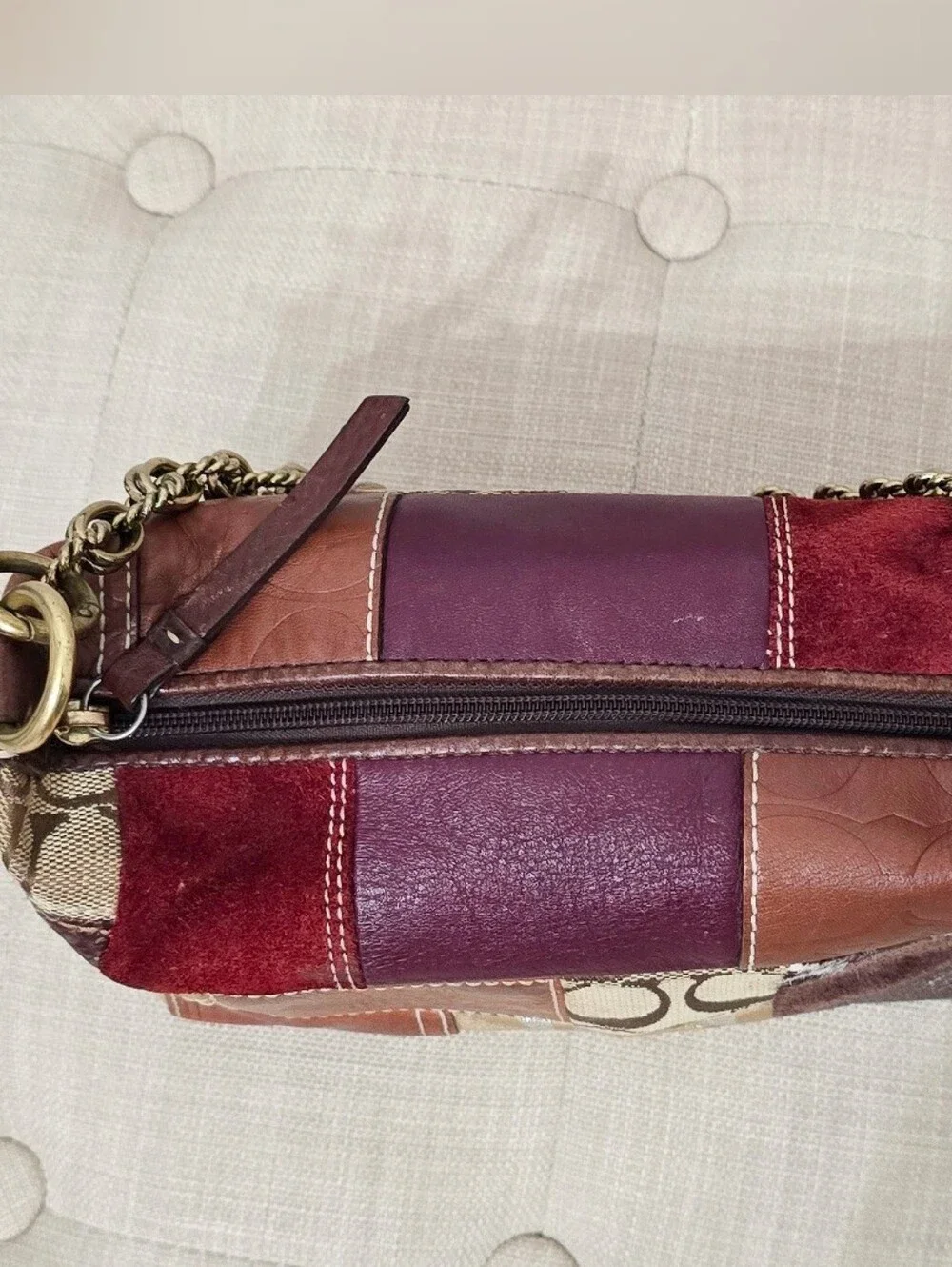 Coach Patchwork Leather and Fabric Shoulder Bag in Burgundy